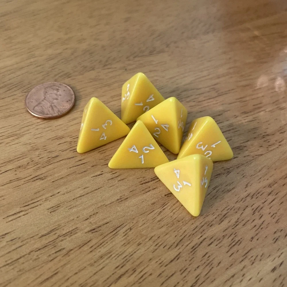 4 Sided Triangle Dice Yellow Set Of 6 Numbered 1-4 Games DICE Homeschool Math